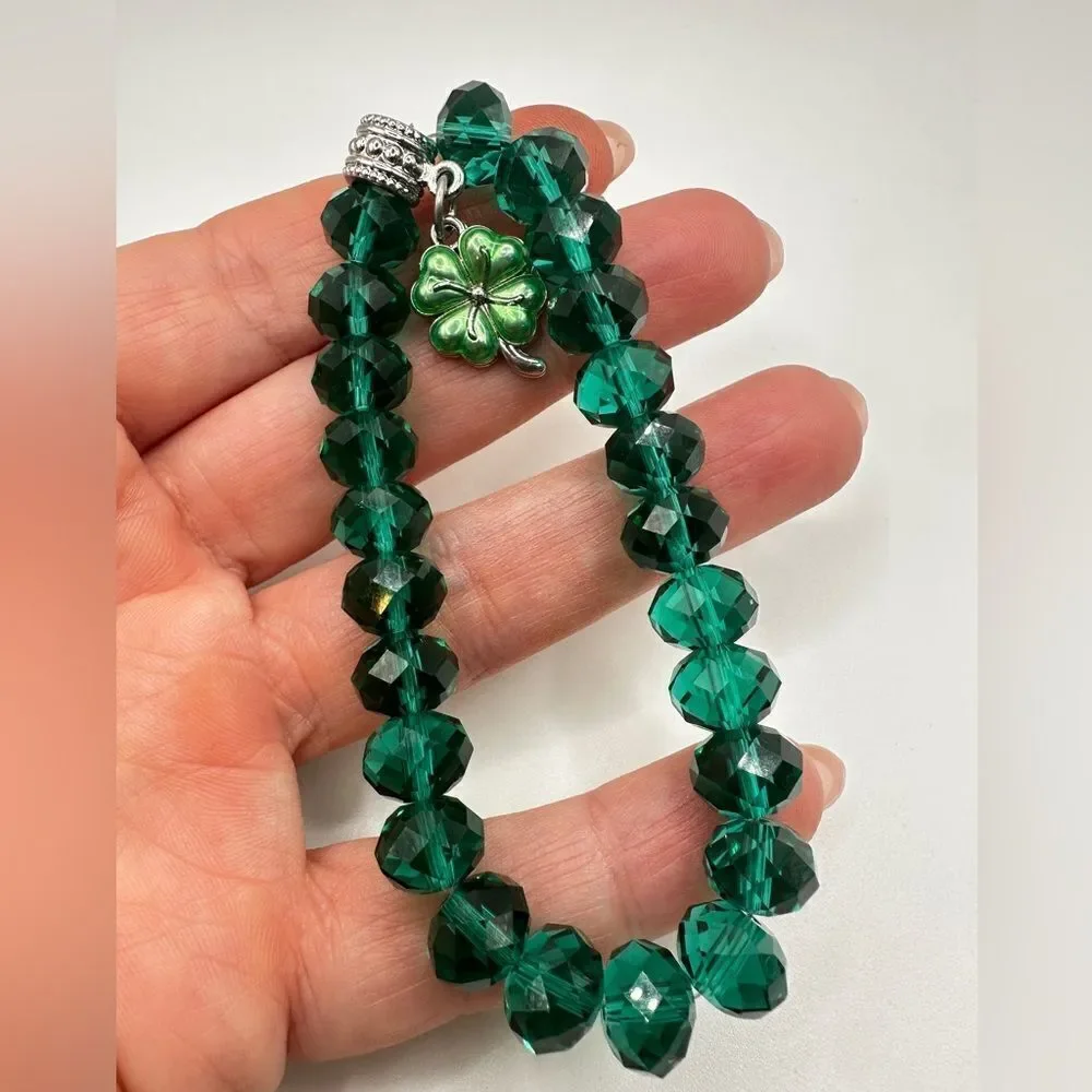 SALE! Green faceted glass‎ crystal beaded stretch bracelet with shamrock charm!